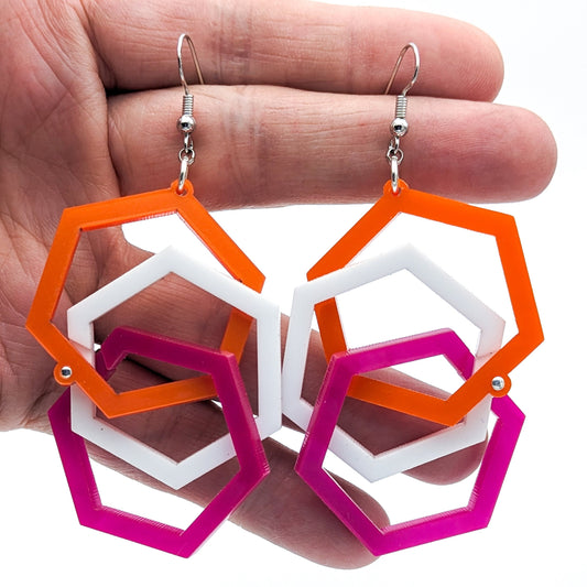 Lesbian Pride Hexagon Earrings - Bold & Lightweight - Lesbian Flag Colors - Linked Hexagons - Laser Cut