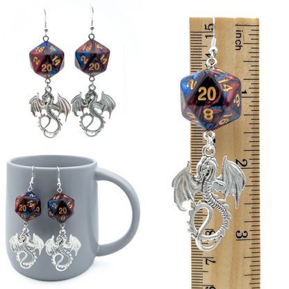 D20 Dragon Dice Earrings - Red/Blue Dice with Charm