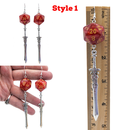 D20 Fighter Character Class Earrings with Sword - Red DND Dice Earrings