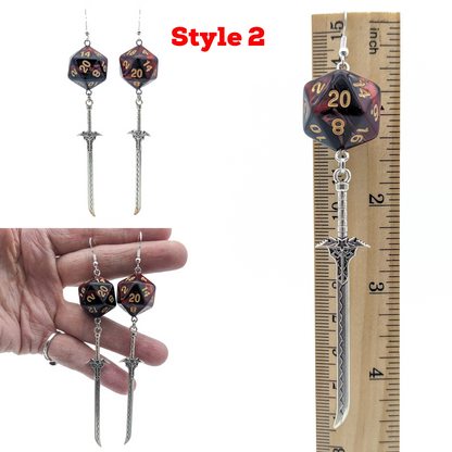 D20 Fighter Character Class Earrings with Sword - Red DND Dice Earrings