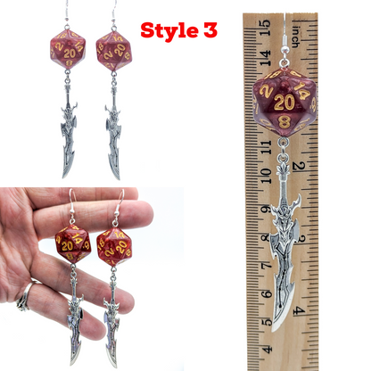 D20 Fighter Character Class Earrings with Sword - Red DND Dice Earrings