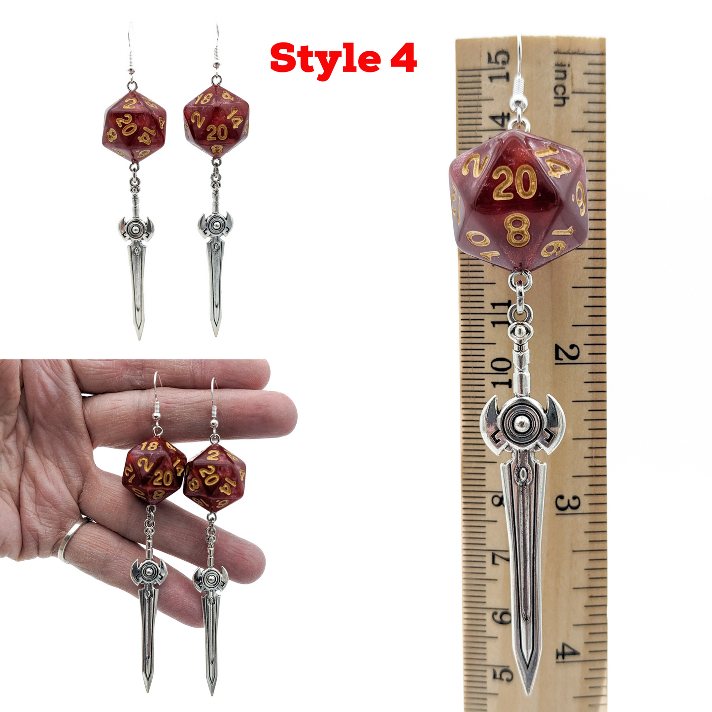 D20 Fighter Character Class Earrings with Sword - Red DND Dice Earrings