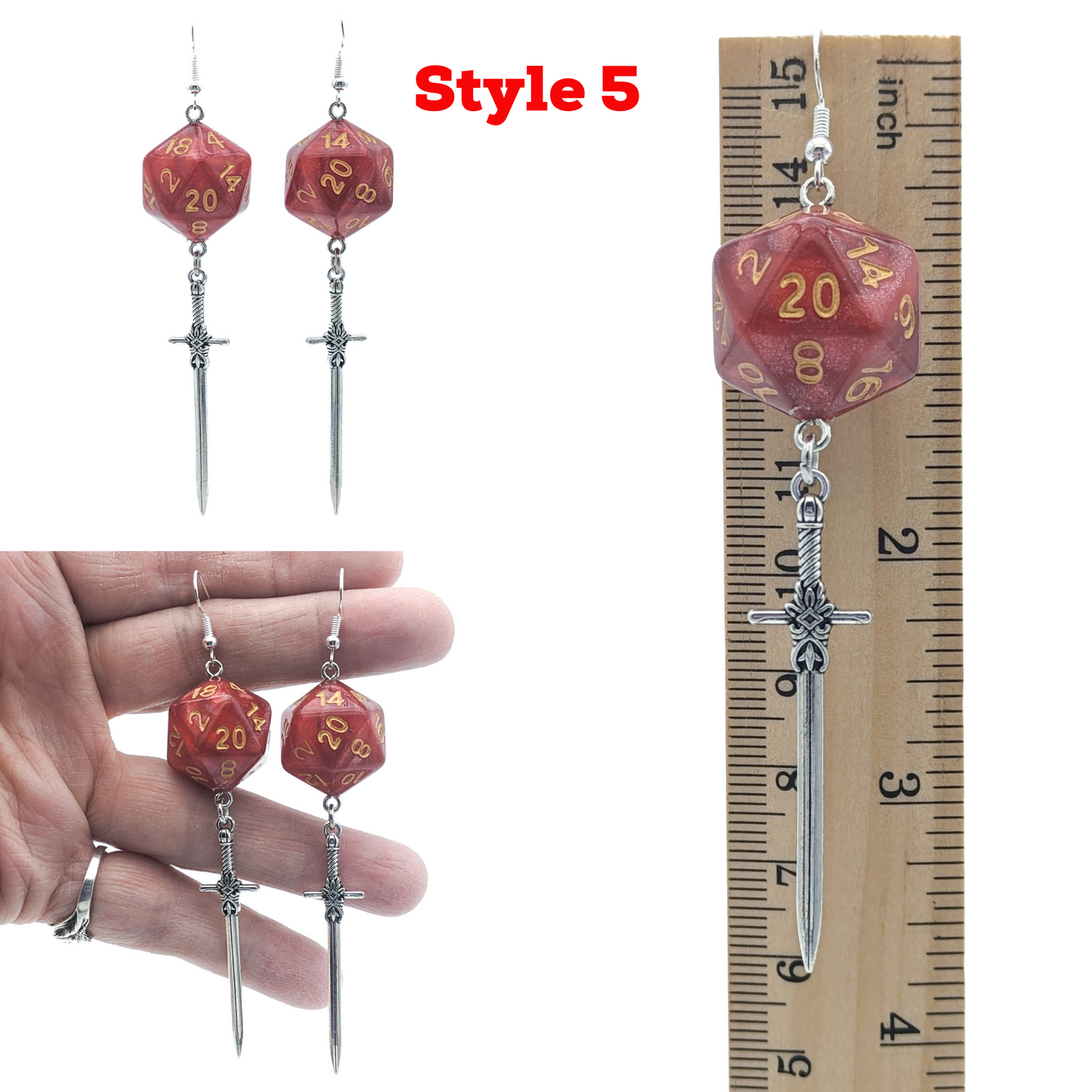 D20 Fighter Character Class Earrings with Sword - Red DND Dice Earrings