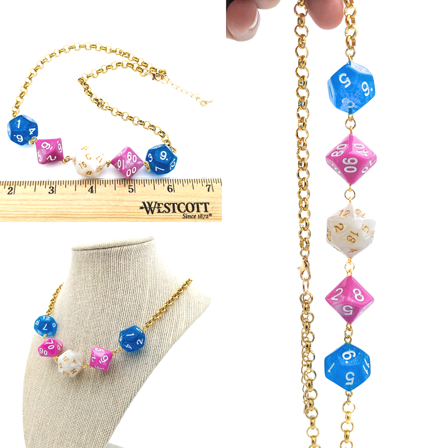 Trans Pride Flag Polyhedral Dice Necklace