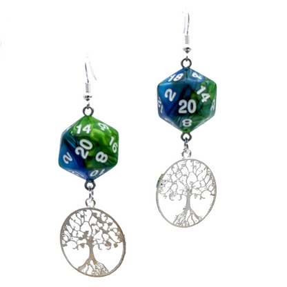 D20 DND Character Druid Dice Earrings - Leaf / Tree /Moon