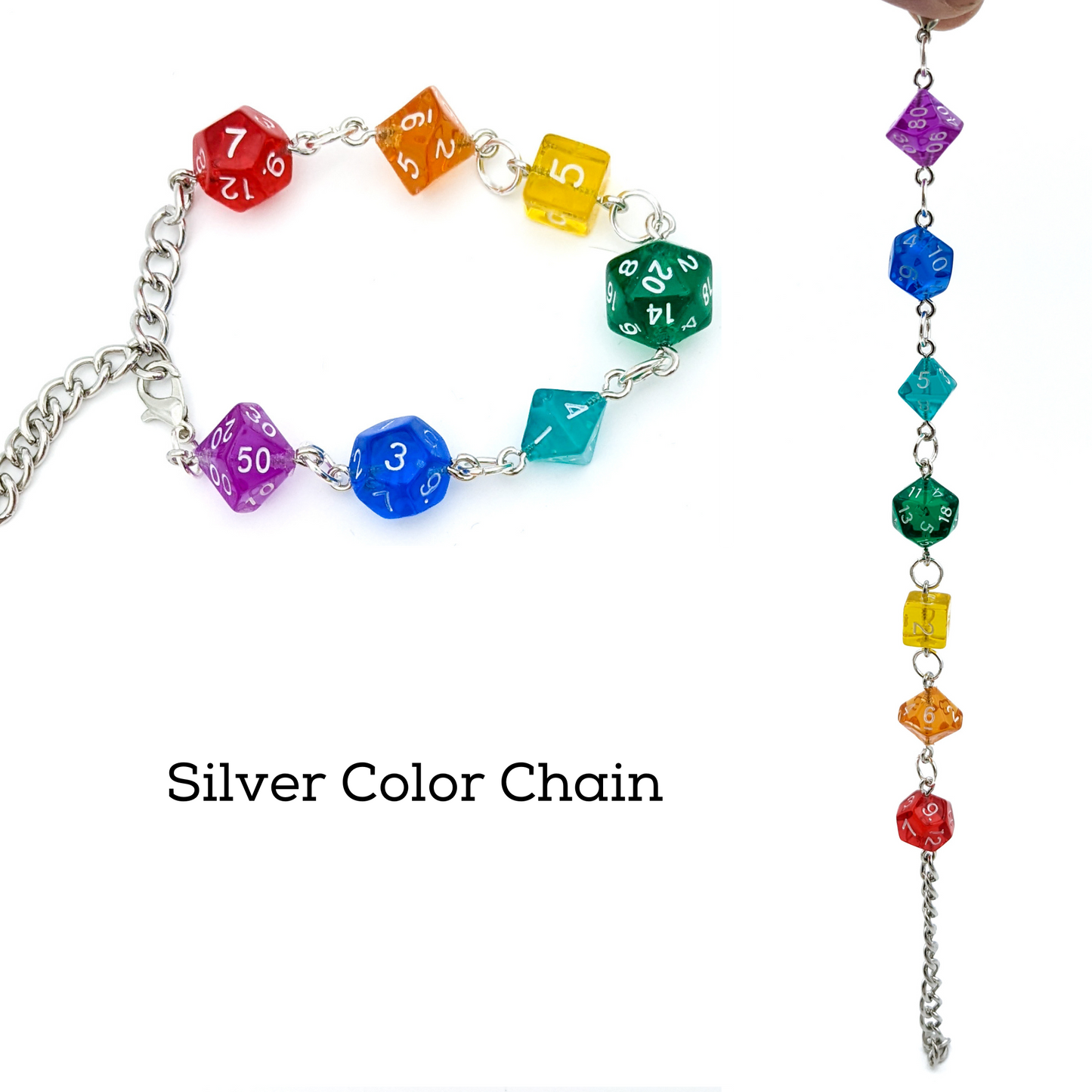 Polyhedral Dice Chakra Bracelet with Rainbow Dice