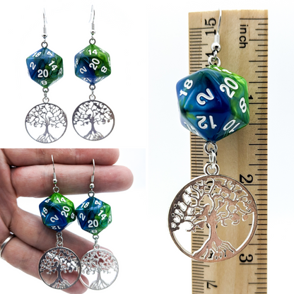 D20 DND Character Druid Dice Earrings - Leaf / Tree /Moon