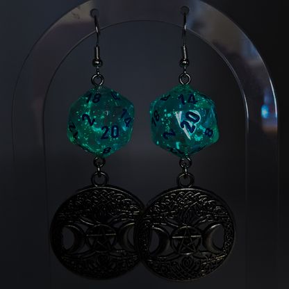 D20 DND Character Druid Dice Earrings - Leaf / Tree /Moon