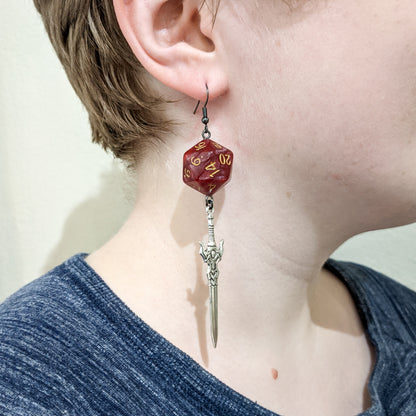 D20 Fighter Character Class Earrings with Sword - Red DND Dice Earrings