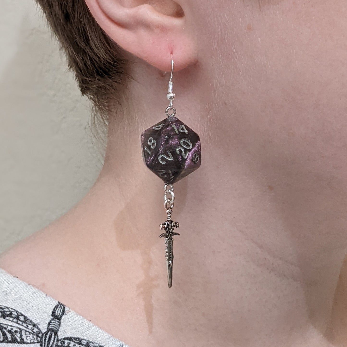 Black Smoke Dice Dagger Earrings for Rogue DND Characters