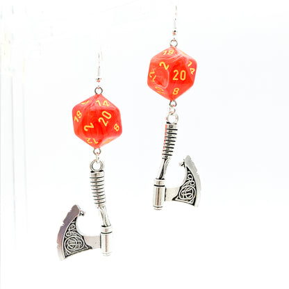 D20 Barbarian Character Class Earrings with Axe - Orange DND Dice Earrings