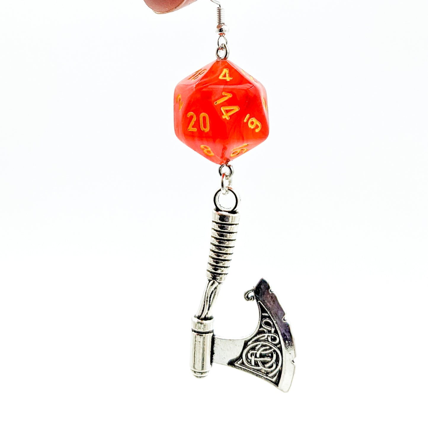 D20 Barbarian Character Class Earrings with Axe - Orange DND Dice Earrings