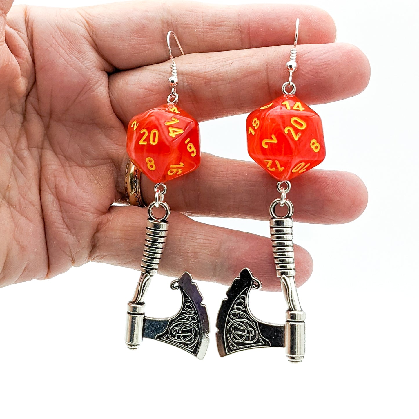 D20 Barbarian Character Class Earrings with Axe - Orange DND Dice Earrings