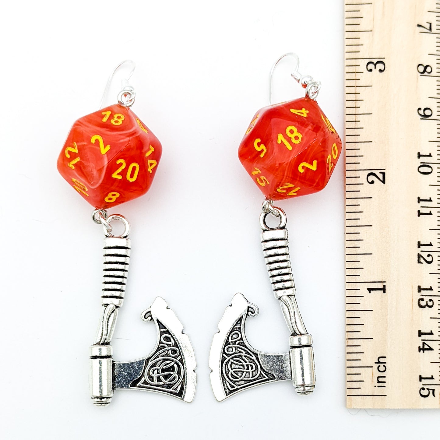 D20 Barbarian Character Class Earrings with Axe - Orange DND Dice Earrings