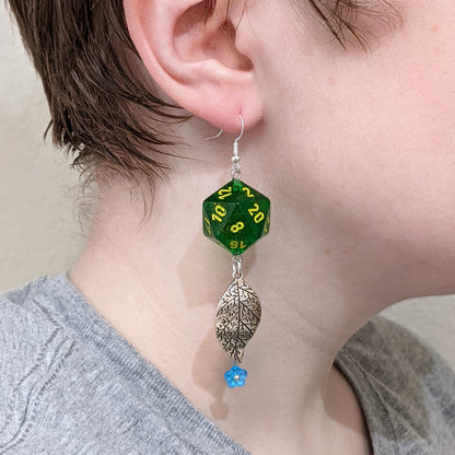 D20 DND Character Druid Dice Earrings - Leaf / Tree /Moon