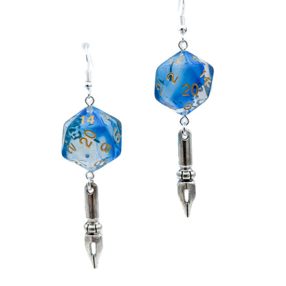 D20 Dice Character Class Earrings for Order of Scribes Wizard with Pen -  DND Dice Earrings