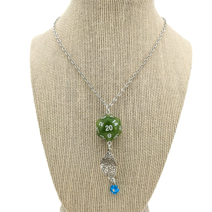 D20 Druid Dice Pendant - DND Green Leaf Necklace