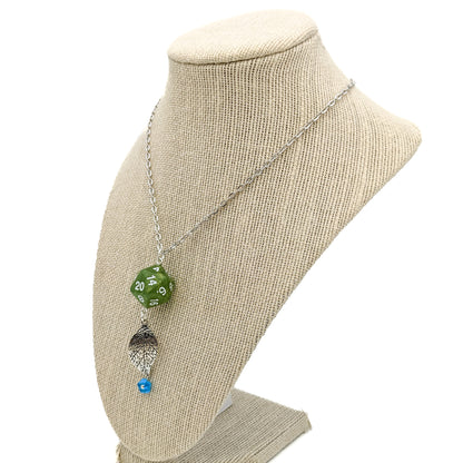 D20 Druid Dice Pendant - DND Green Leaf Necklace