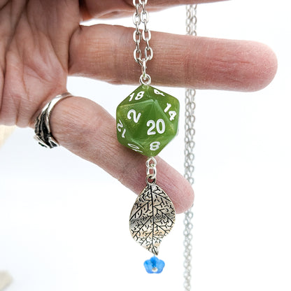 D20 Druid Dice Pendant - DND Green Leaf Necklace