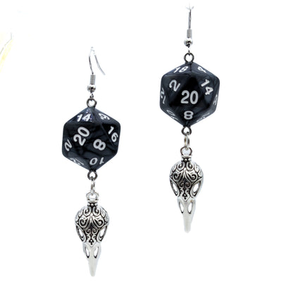 D20 Raven Queen Character Earrings - DND Dice Earrings with Bird Skull Charm