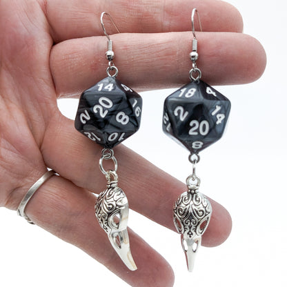 D20 Raven Queen Character Earrings - DND Dice Earrings with Bird Skull Charm