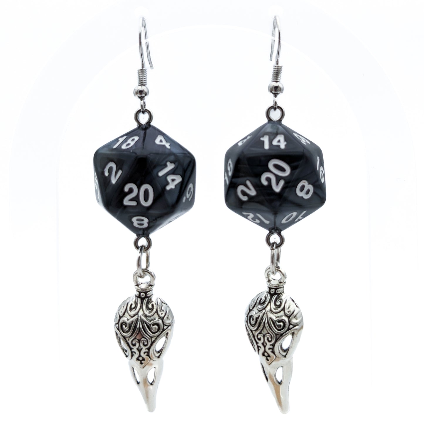 D20 Raven Queen Character Earrings - DND Dice Earrings with Bird Skull Charm