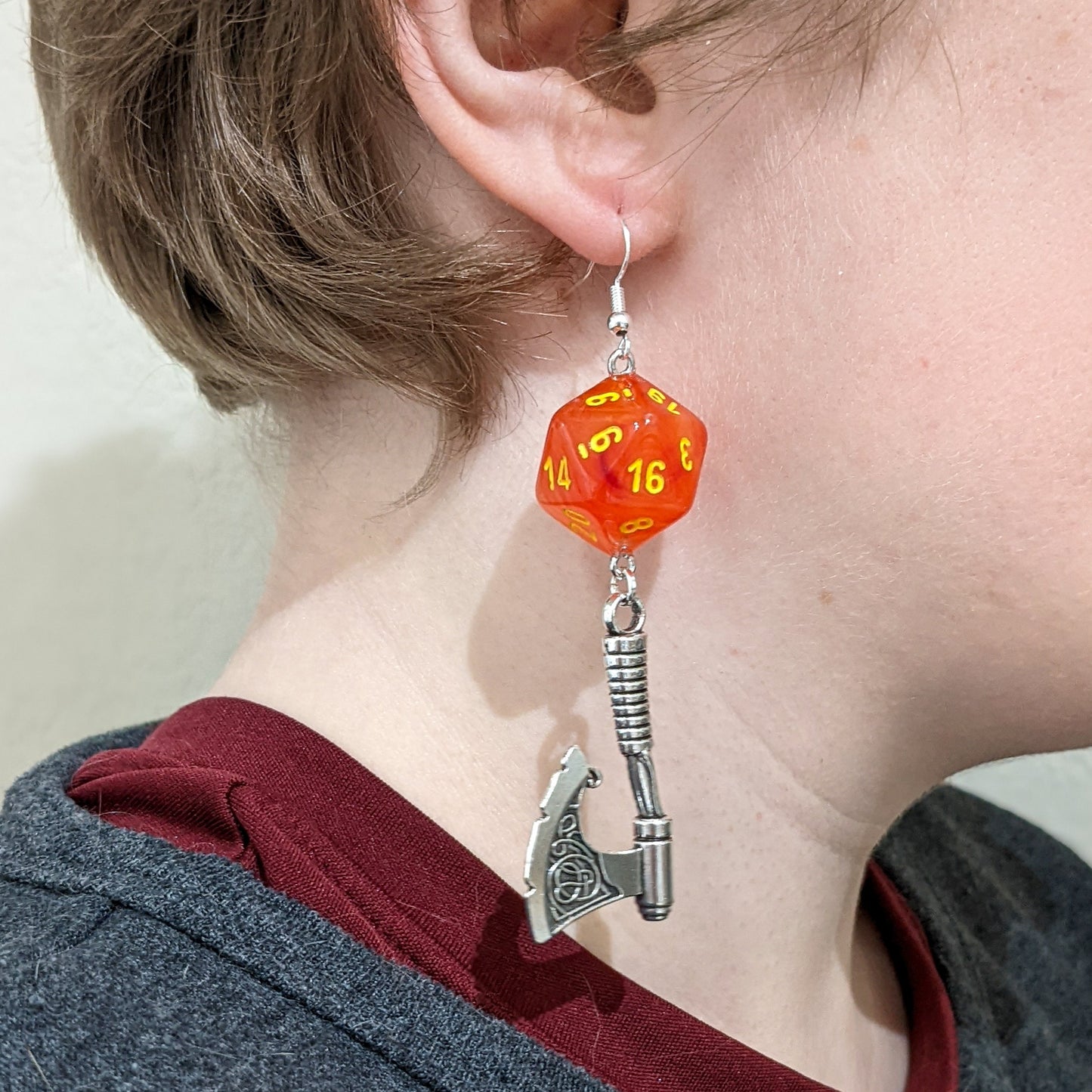 D20 Barbarian Character Class Earrings with Axe - Orange DND Dice Earrings