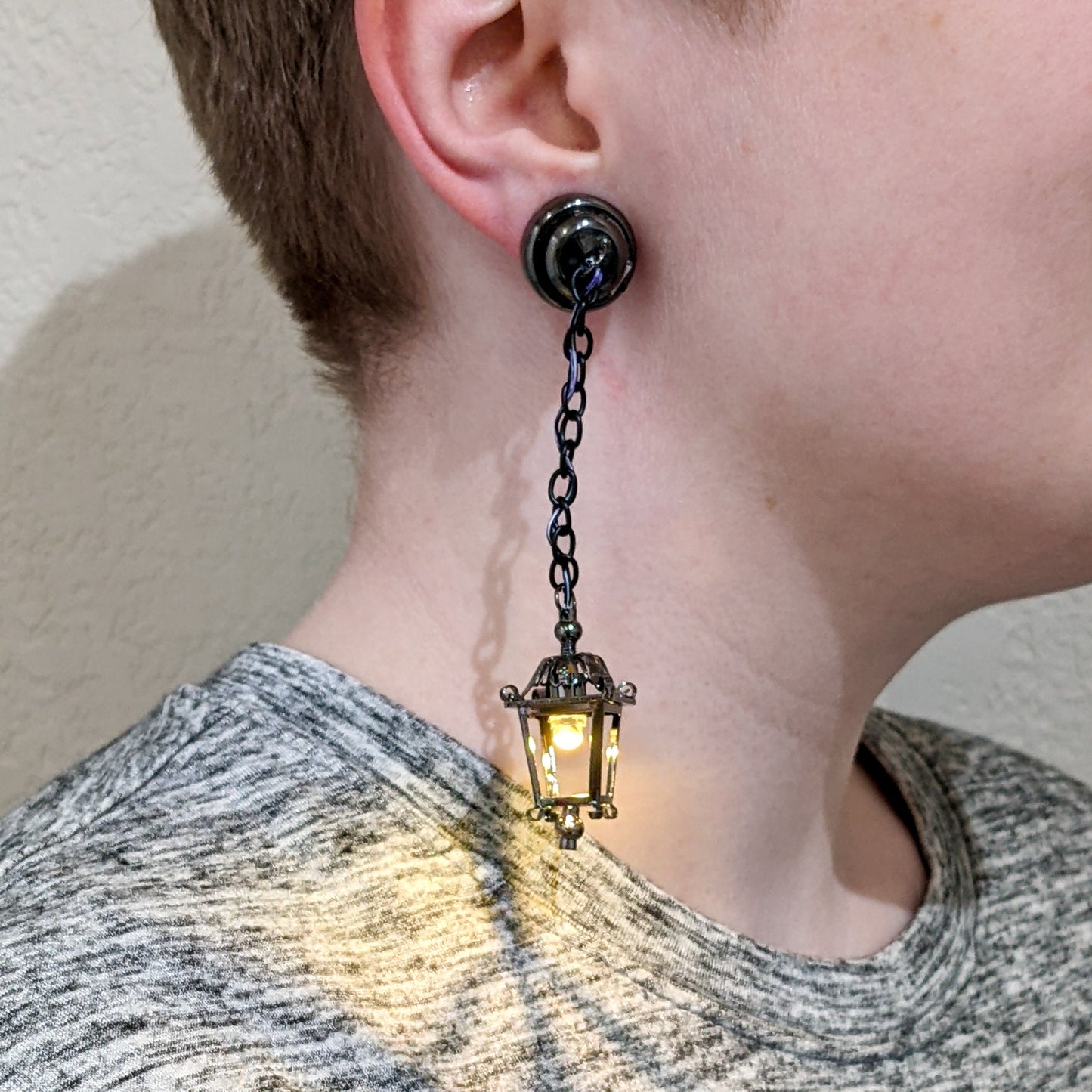 Functional Light Up Mini Hanging Lamp Stud Earrings - Gunmetal Black Lantern Jewelry