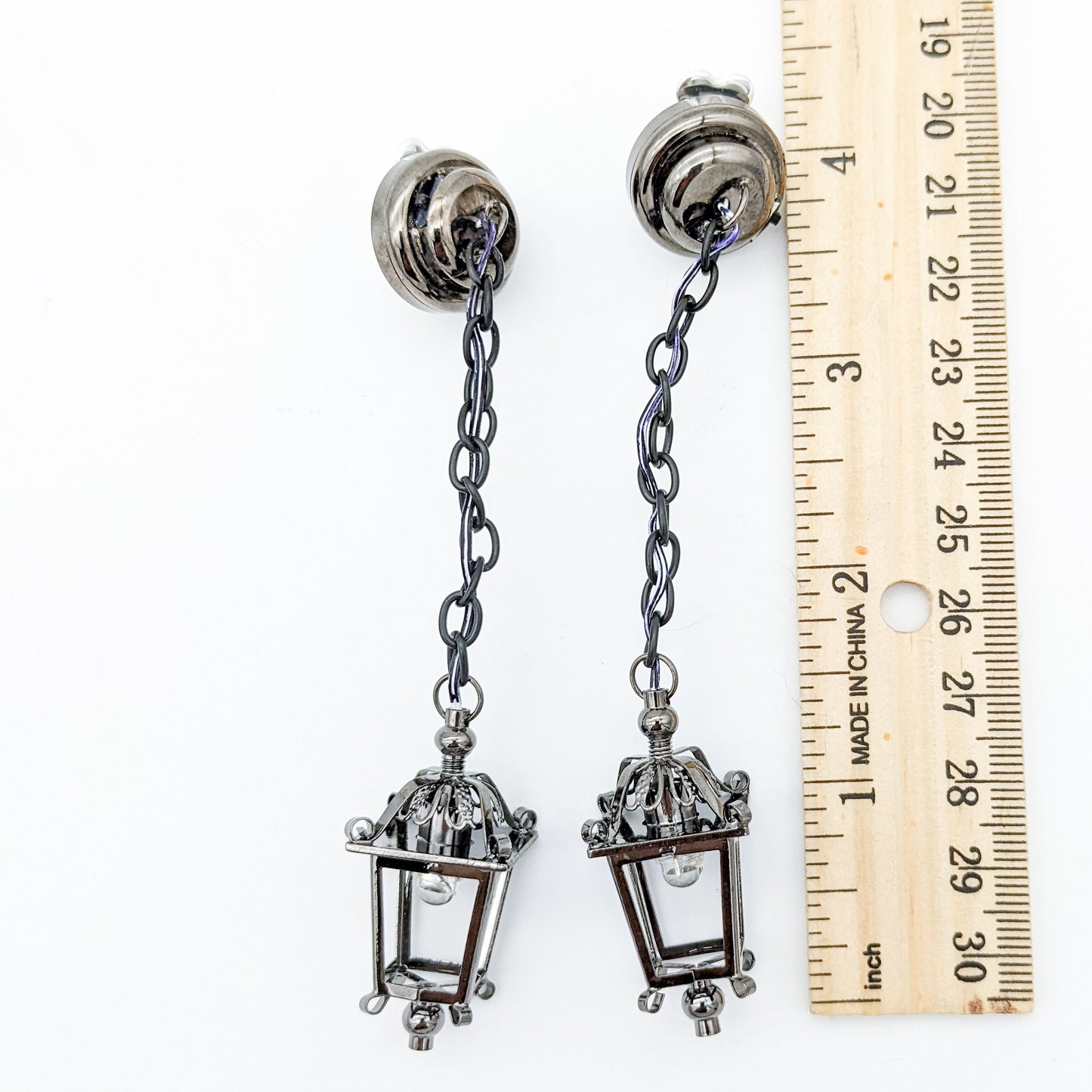 Functional Light Up Mini Hanging Lamp Stud Earrings - Gunmetal Black Lantern Jewelry