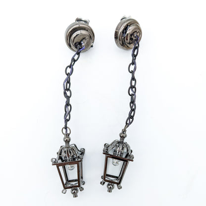 Functional Light Up Mini Hanging Lamp Stud Earrings - Gunmetal Black Lantern Jewelry