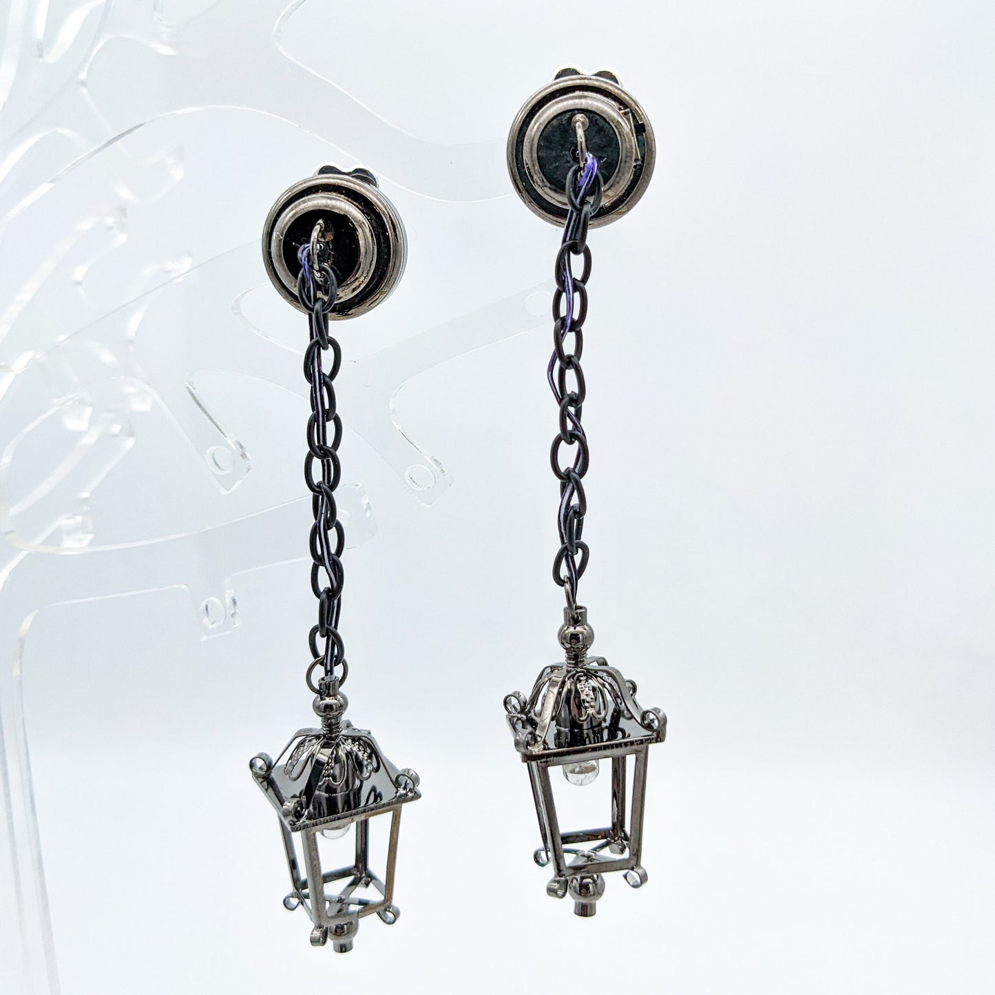 Functional Light Up Mini Hanging Lamp Stud Earrings - Gunmetal Black Lantern Jewelry