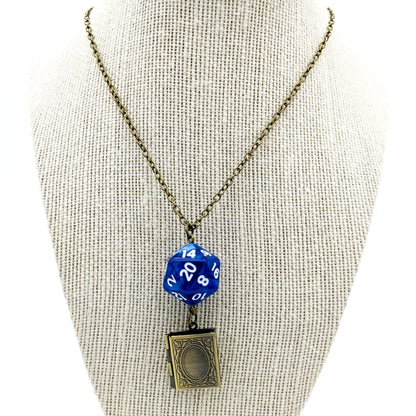 Wizard D20 Character Class Dice Necklace with Spellbook Charm - Blue D&D Dice Pendant