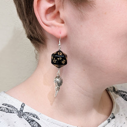 D20 Raven Queen Character Earrings - DND Dice Earrings with Bird Skull Charm