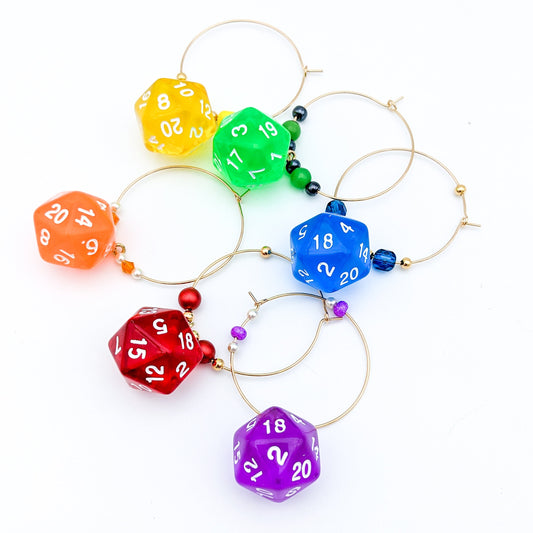 Colorful Dice Wine Charms - Rainbow D20 DND Dice or 7-Dice Set