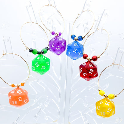 Colorful Dice Wine Charms - Rainbow D20 DND Dice or 7-Dice Set