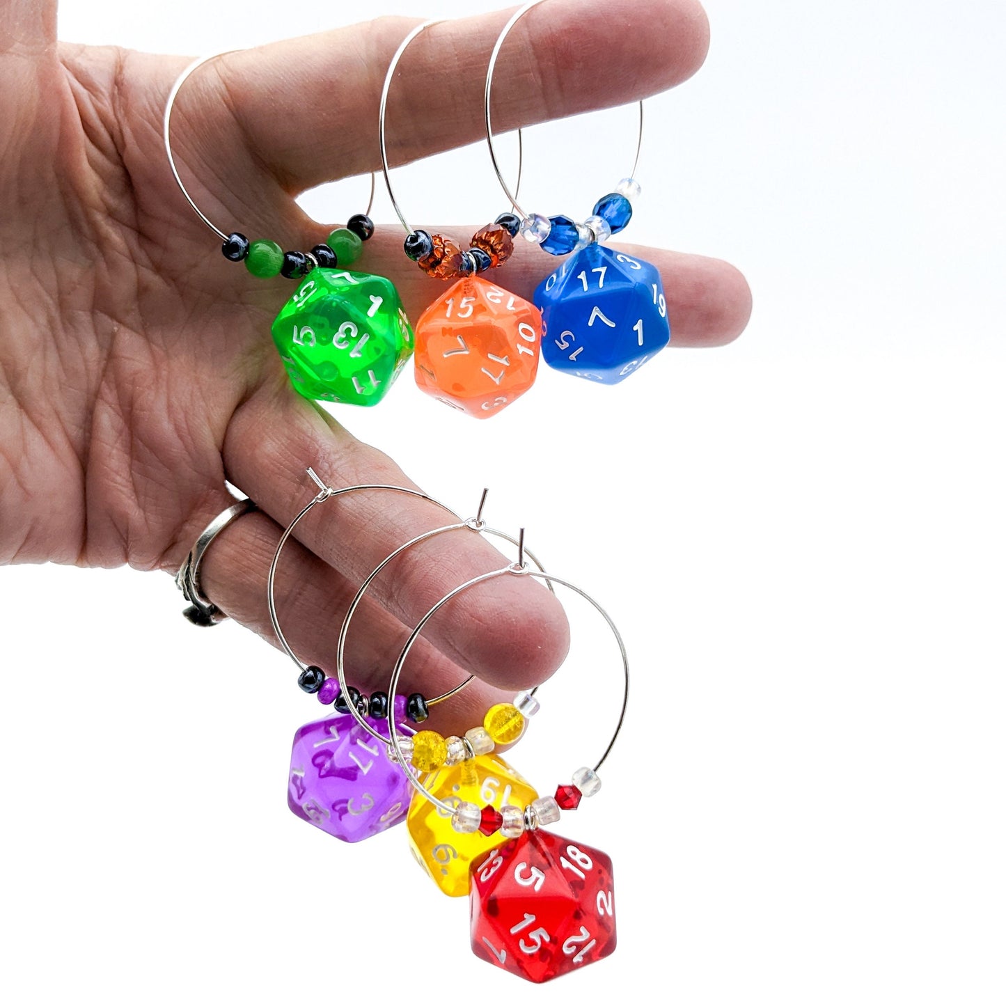 Colorful Dice Wine Charms - Rainbow D20 DND Dice or 7-Dice Set