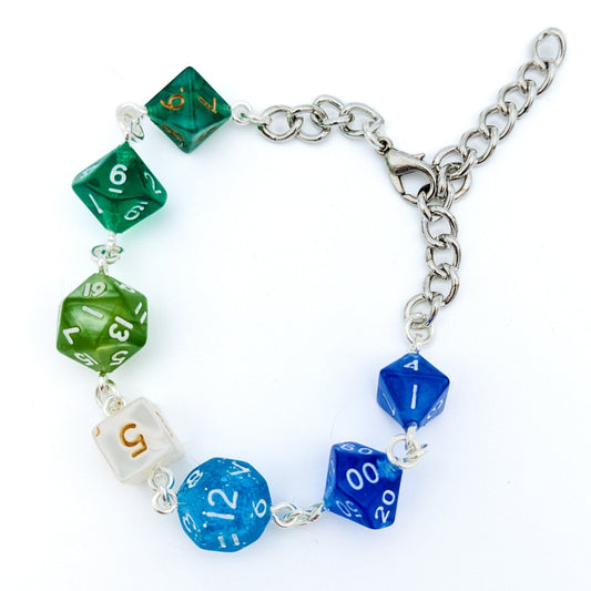 Gay Pride Dice Bracelet with Mini Polyhedral Dice - Vincian Pride Flag Bracelet Tabletop RPG Dice Jewelry Pathfinder Critical Role DnD