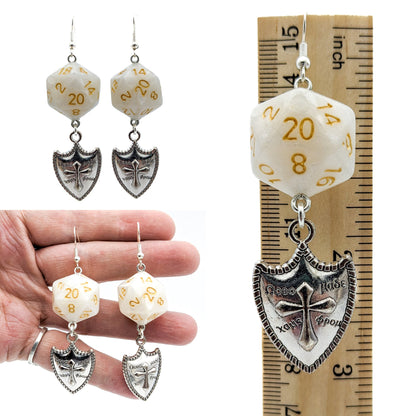 D20 Paladin Character Earrings - DND Dice Earrings w/ Shield