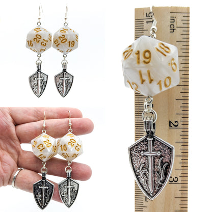 D20 Paladin Character Earrings - DND Dice Earrings w/ Shield