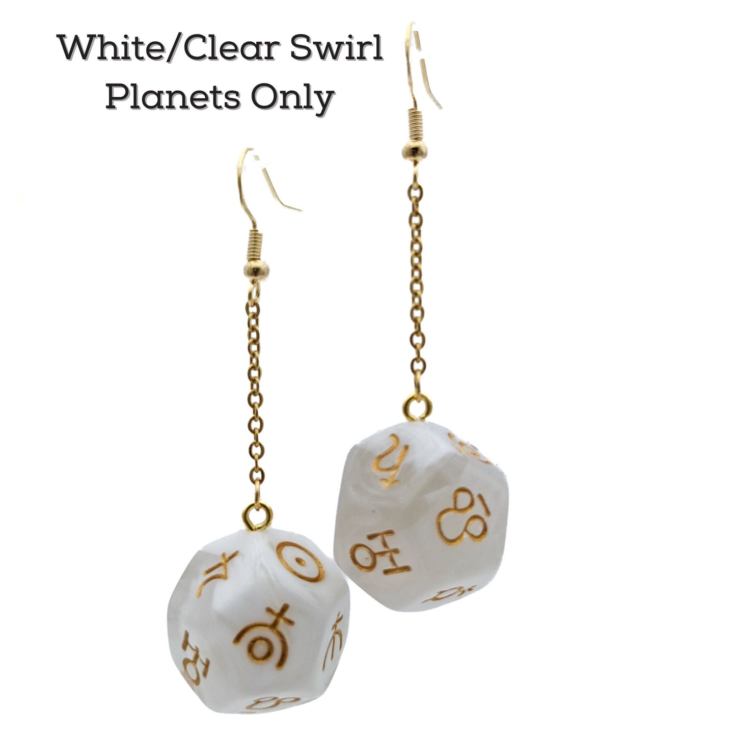 Planet Dice Earrings - Polyhedral Dice with Astronomy Symbols - Astrology Signs Symbols