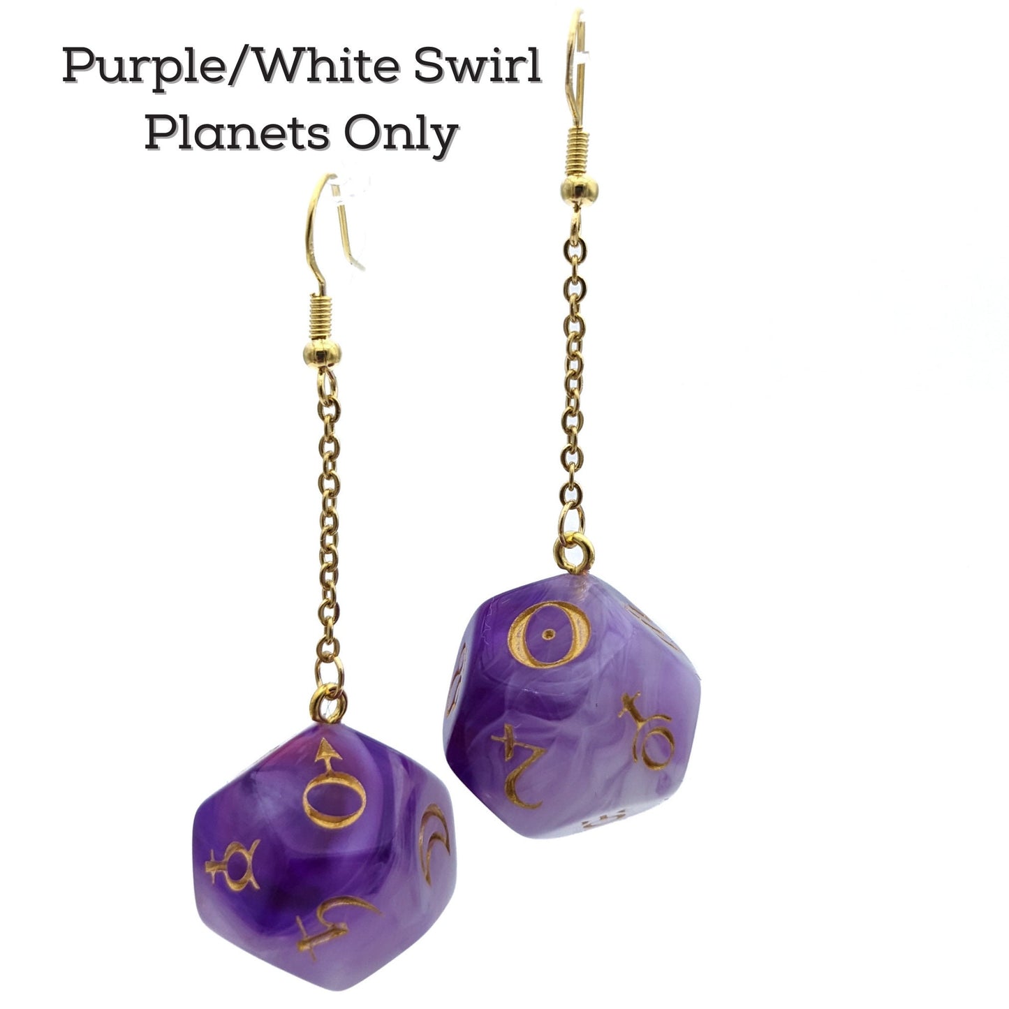 Planet Dice Earrings - Polyhedral Dice with Astronomy Symbols - Astrology Signs Symbols