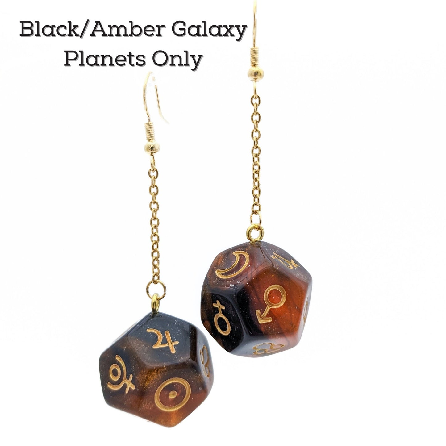 Planet Dice Earrings - Polyhedral Dice with Astronomy Symbols - Astrology Signs Symbols