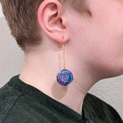 Astrology Dice Earrings - 12-Sided Polyhedral Dice with Zodiac Signs- Horoscope Earrings