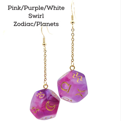 Zodiac & Planet Earrings - Polyhedral Dice with Astrology Signs/Astronomy Symbols