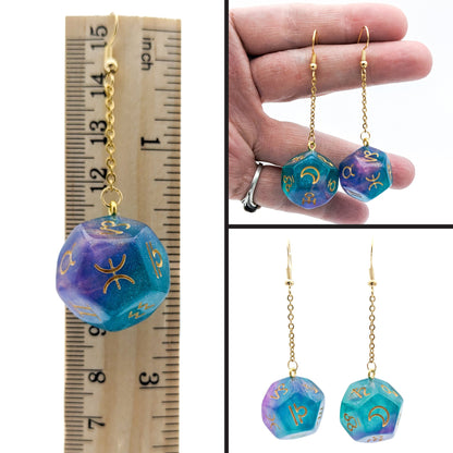 Zodiac & Planet Earrings - Polyhedral Dice with Astrology Signs/Astronomy Symbols