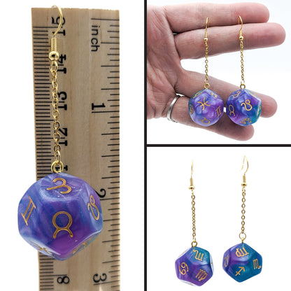 Astrology Dice Earrings - 12-Sided Polyhedral Dice with Zodiac Signs- Horoscope Earrings