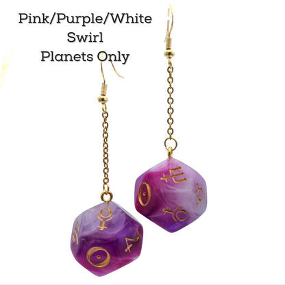 Planet Dice Earrings - Polyhedral Dice with Astronomy Symbols - Astrology Signs Symbols