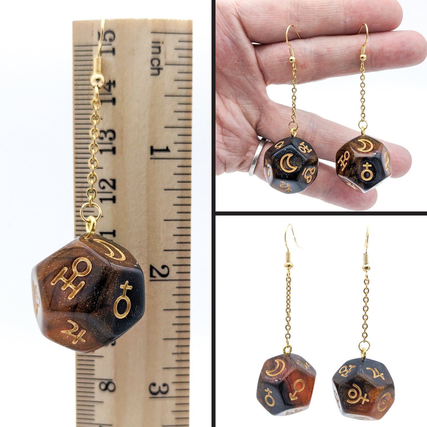 Planet Dice Earrings - Polyhedral Dice with Astronomy Symbols - Astrology Signs Symbols