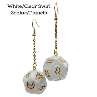 Zodiac & Planet Earrings - Polyhedral Dice with Astrology Signs/Astronomy Symbols