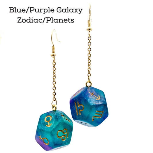 Zodiac & Planet Earrings - Polyhedral Dice with Astrology Signs/Astronomy Symbols